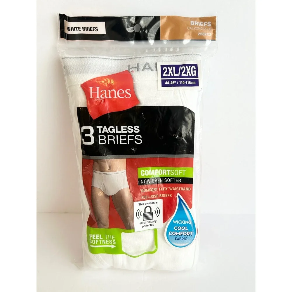 Hanes Mens 3 Pack Tagless White Briefs ComfortSoft Full Rise 2XL 2252X2